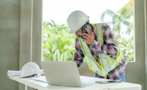 Construction worker using wearable safety technology on connected jobsite in 2025.