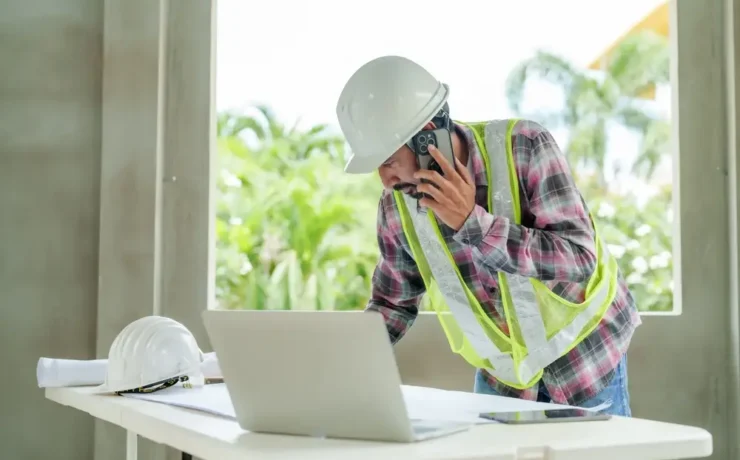 Construction worker using wearable safety technology on connected jobsite in 2025.