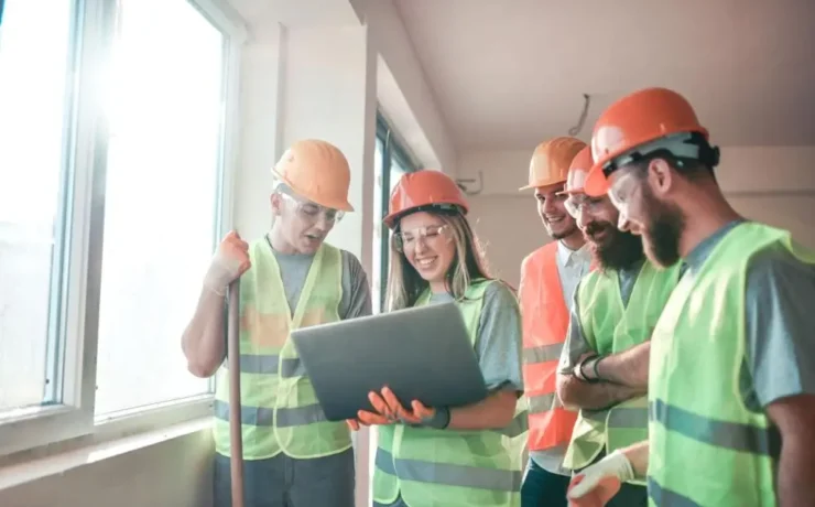 Construction worker taking OSHA 10 training online on laptop