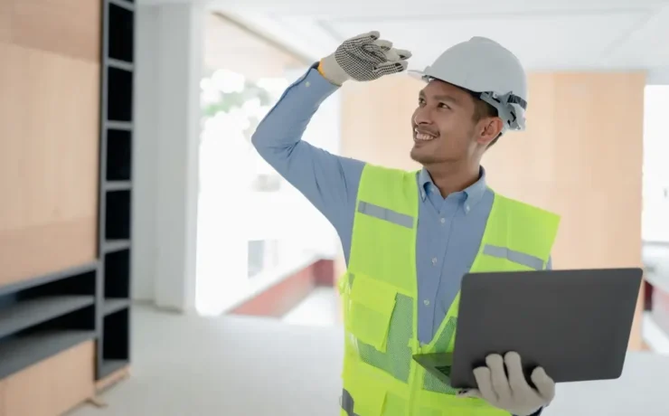 Worker holding OSHA card while wearing PPE on construction site