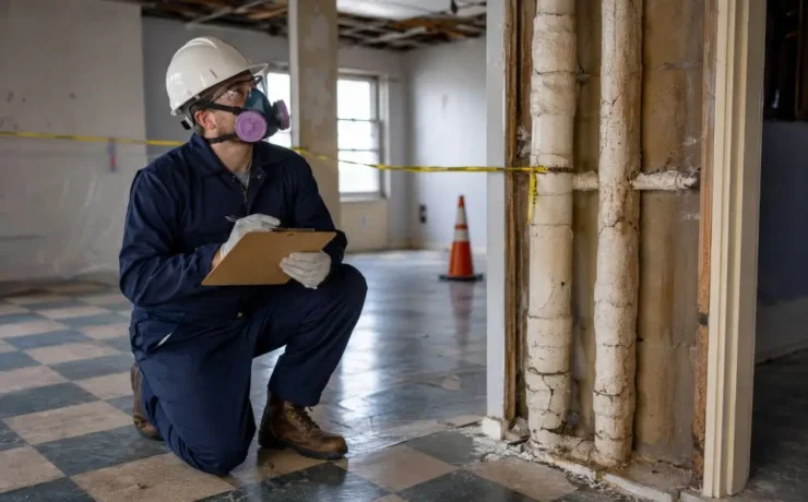 Safety professional inspecting older building materials for possible asbestos exposure before renovation