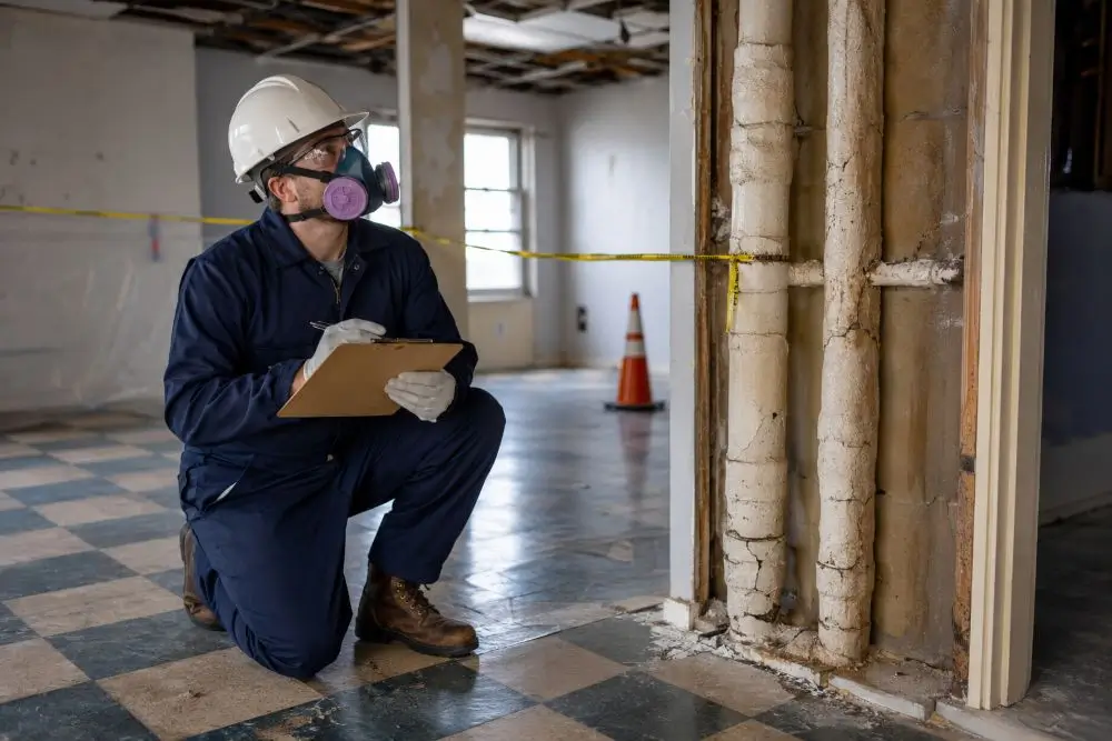 Safety professional inspecting older building materials for possible asbestos exposure before renovation