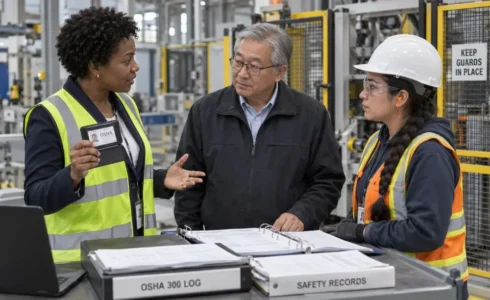 OSHA compliance officer reviewing safety records with employer and employee representatives during a workplace inspection