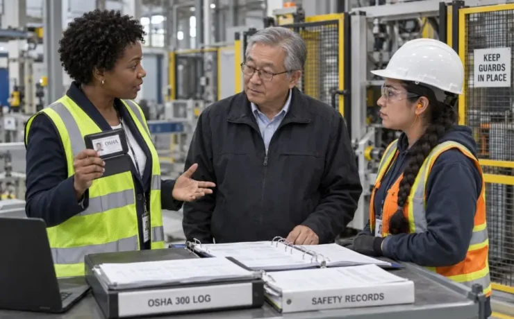 OSHA compliance officer reviewing safety records with employer and employee representatives during a workplace inspection
