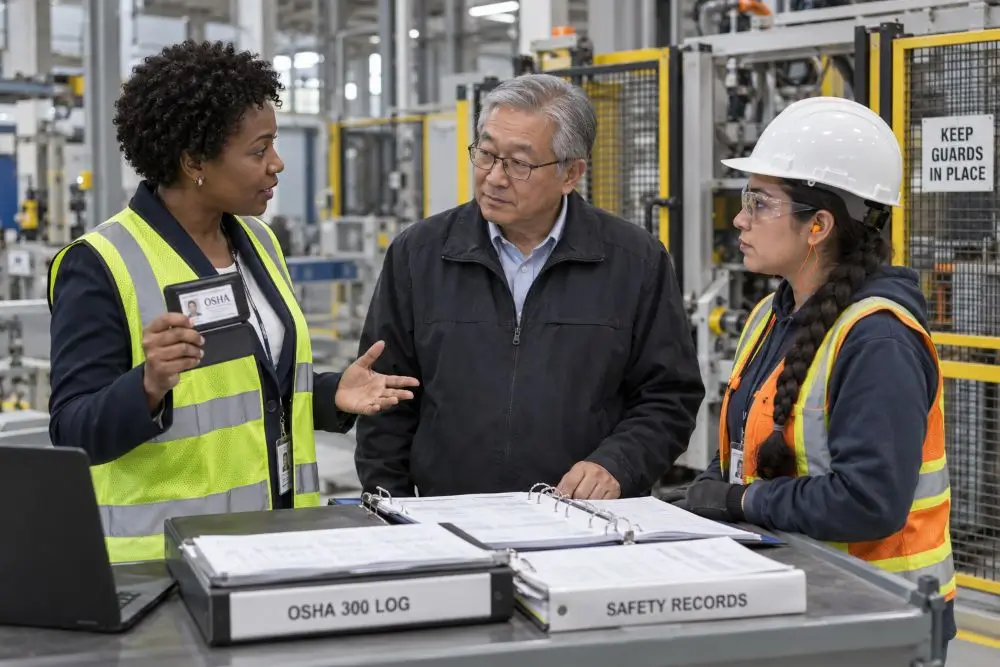OSHA compliance officer reviewing safety records with employer and employee representatives during a workplace inspection