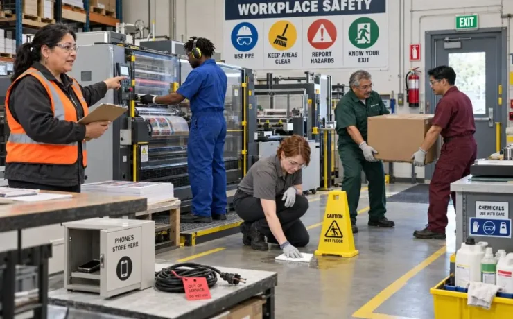 Employees following workplace safety guidelines around machinery, lifting, housekeeping, PPE, and emergency access