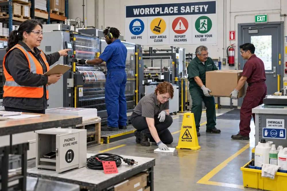 Employees following workplace safety guidelines around machinery, lifting, housekeeping, PPE, and emergency access